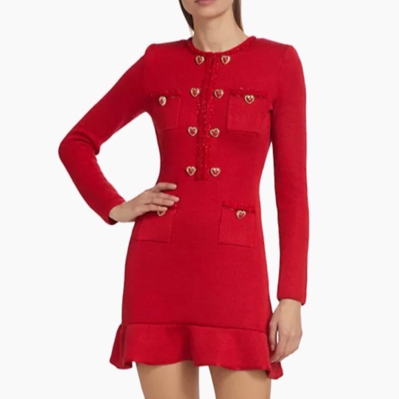 Self-Portrait Red Long Sleeve Dress with Heart Buttons